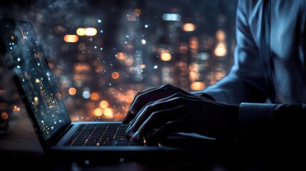 Stressed worker typing rapidly on a laptop in a darkened office with city lights outside