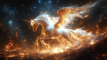Enchanting image of the winged horse Pegasus rising with intricately detailed wings surrounded by twinkling stars merging with its constellation against a mystical reflective terrain