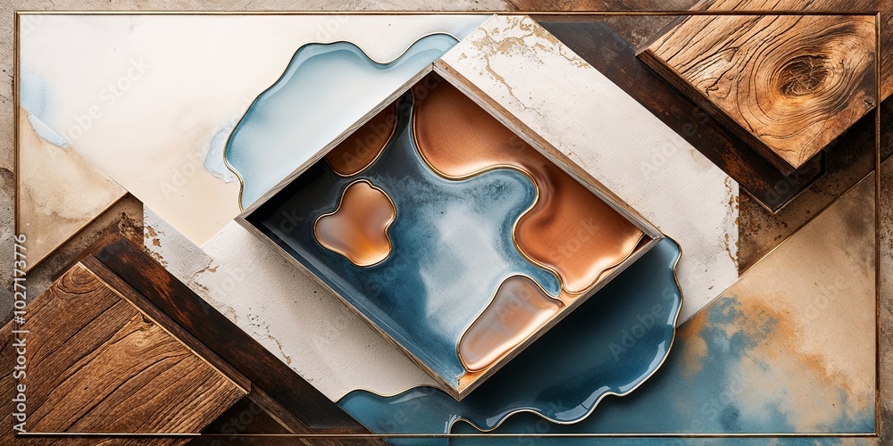 Wall mural Abstract blue and orange liquid in frame with wood and marble background.