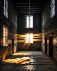 Abandoned prison corridor illuminated by eerie light beams at dusk.