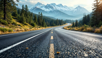 Fototapeta premium Scenic Mountain Road Trip Asphalt Journey Through Majestic Peaks