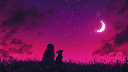 girl sitting with her dog on grass at sunset, true friendship concept