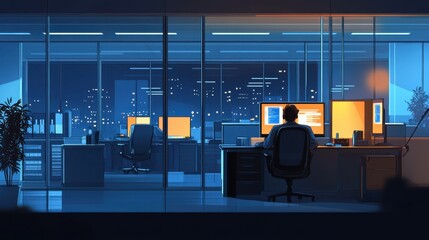 Fototapeta premium Nighttime office scene with a worker illuminated by their computer in a vast empty workspace
