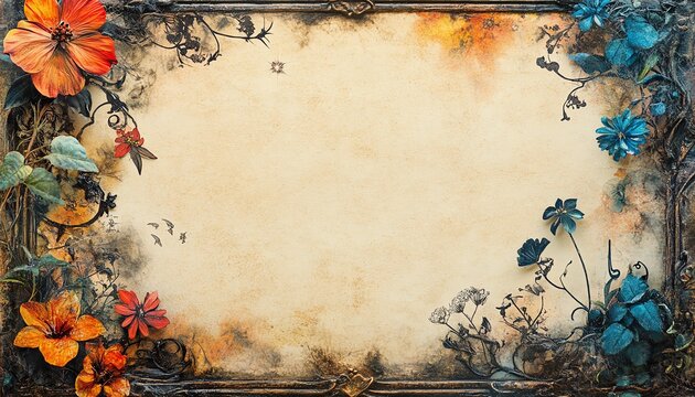 Blank sheet of paper with whimsical mystical borders, showcasing ethereal patterns of fairies, flowers, and constellations in vibrant hues