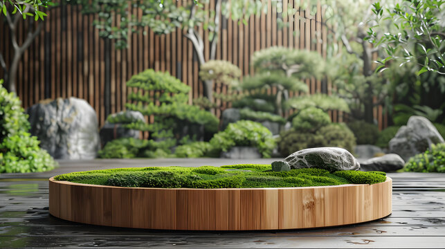 Natural bamboo podium front view focus with green moss
