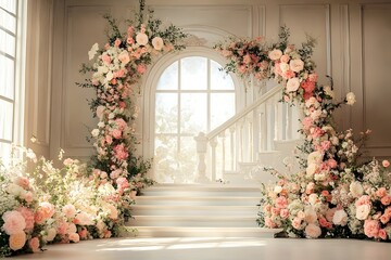 Fototapeta premium Beautiful wedding backdrop with flowers and staircase generative AI 
