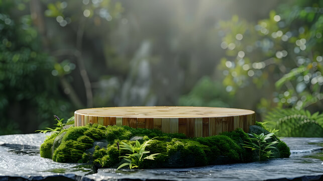 Natural bamboo podium front view focus with green moss