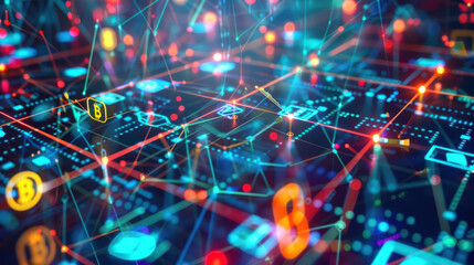 Futuristic digital network background with glowing blue and red neon lines and data nodes. Concept of global connectivity, AI technology, and modern communication systems with a focus on data transfer