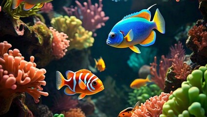 Obraz premium Underwater world with corals and tropical fish wallpaper background high quality image 4k hd 16:9 YouTube thumbnail 