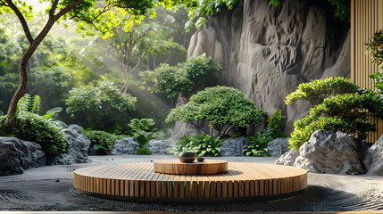 Natural tea leaves podium front view focus with berm zen garden