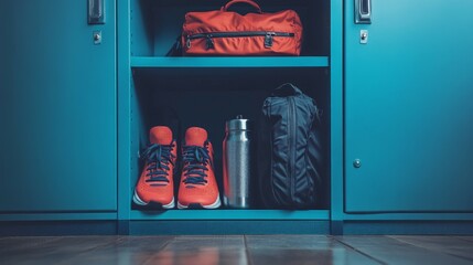 Red Sneakers, Backpack, and Water Bottle in a Blue Locker