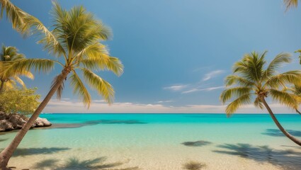 A tropical lagoon with clear blue water and palm trees.