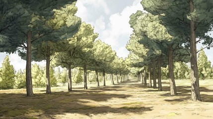 Obraz premium View row trees princess architectural sketch pines everywhere botanic garden using toon 