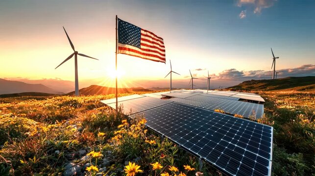 Solar Panels and Wind Turbines at Sunset with Flag