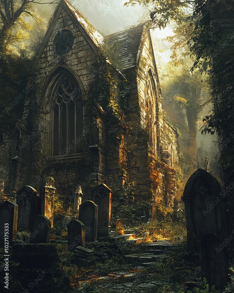 Canvas Prints A weathered stone church stands amidst a dense forest, surrounded by overgrown graves. Sunlight filters through the trees, casting long shadows.