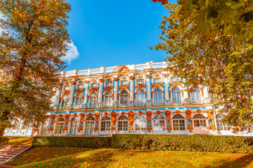 The majestic and beautiful Catherine Palace in Pushkin (Tsarskoe Selo) in golden autumn.