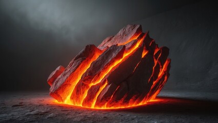 Burning rock formation in a dark environment.
