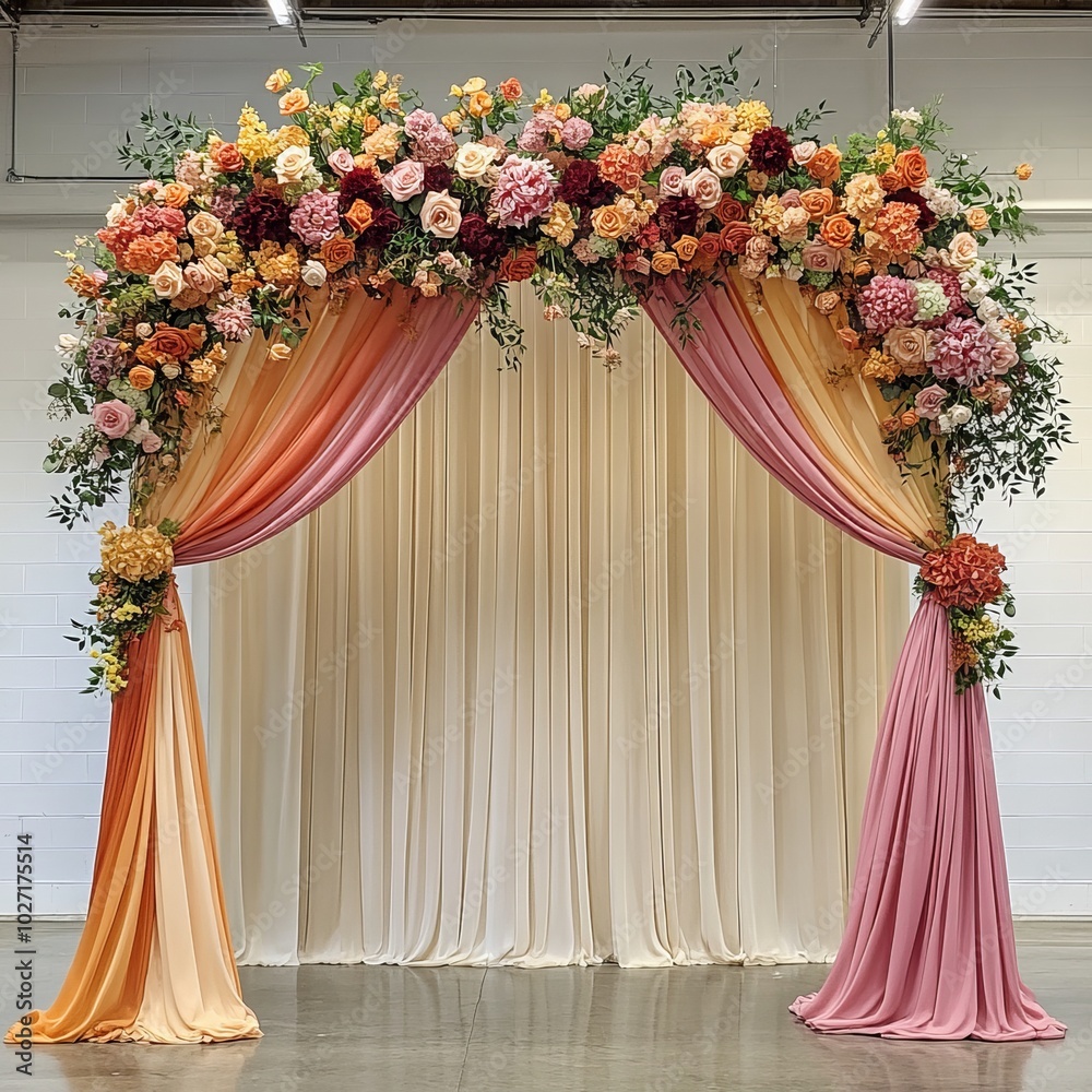 Wall mural A wedding ceremony archway decorated with colorful fabric and fresh flowers.