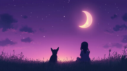 girl sitting with her dog on grass at sunset, true friendship concept