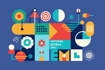 Abstract minimalist design celebrating national stem day with geometric shapes and bright colors
