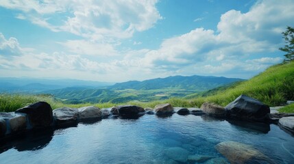 A stone-lined onsen hot spring with a panoramic view of green hills and blue skies