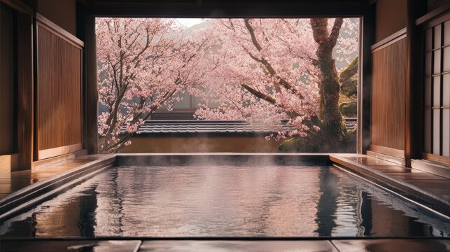 A traditional outdoor onsen with a view of cherry blossoms in full bloom surrounding the area.