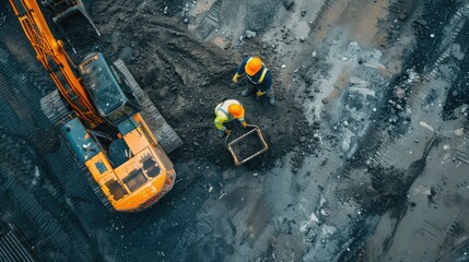 Aerial View of Construction Workers and Excavator