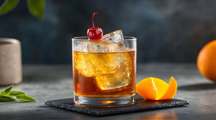 Classic Old Fashioned Cocktail with Cherry and Orange Peel