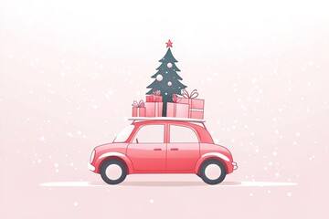 A red car with a Christmas tree on the roof, a flat design illustration, simple and cute. Vector art with a winter background