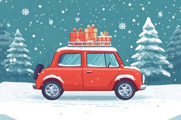 A red car with a Christmas tree on the roof, a flat design illustration, simple and cute. Vector art with a winter background