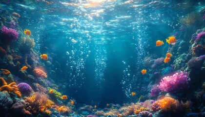 Naklejka premium Unique surreal underwater vista featuring unusual marine life and vibrant bubbles, inviting viewers into a dreamlike oceanic adventure