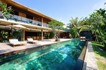 Fototapeta premium A large house with a pool and a patio, generative ai image