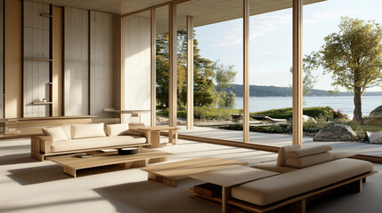 Modern beige living room by sea. Minimalist design. Large window. For stock photo or decor mag.
