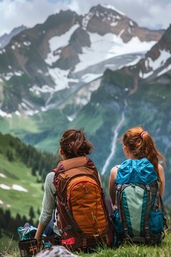 A happy girls tourists sit near the backpack and look