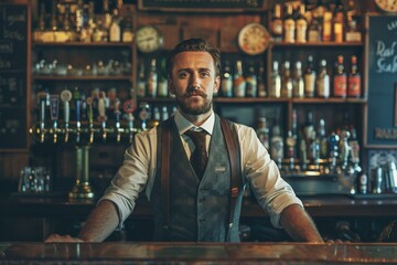 A Handsome bar tender standing behind his counter