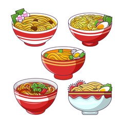 Set of Ramen Noodles in a Bowl Illustration