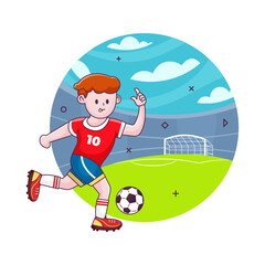 Boy Playing Soccer Football with Stadium and Goal Background