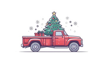 A red car with a Christmas tree on the roof, a flat design illustration, simple and cute. Vector art with a winter background