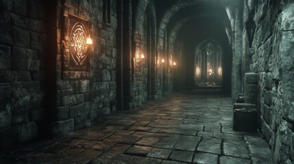 Fototapeta premium A dimly lit stone hallway with torches on the walls.