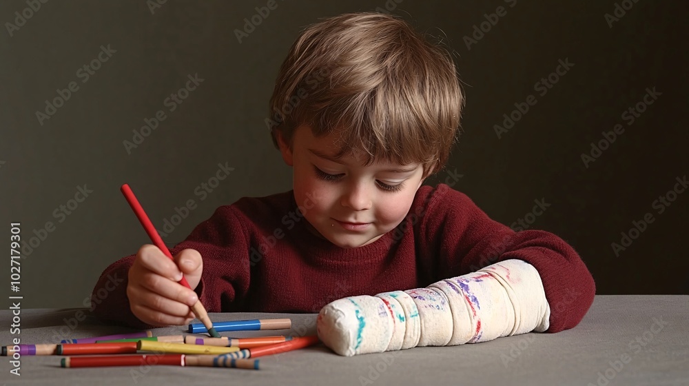 Poster Child with a cast on his arm drawing with crayons at a play table Stock Photo with side copy space