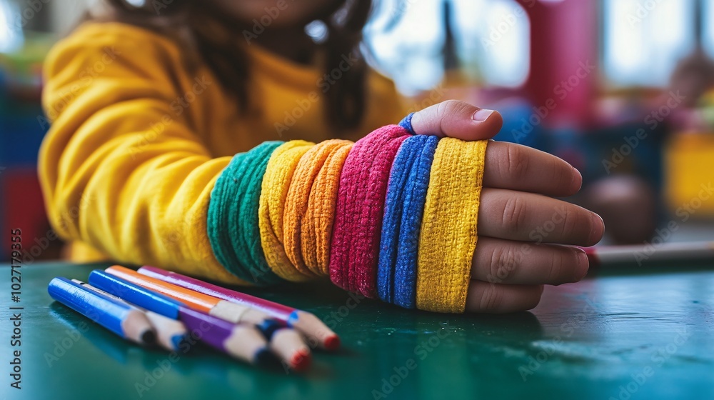 Poster Child with a cast on his arm drawing with crayons at a play table Stock Photo with side copy space