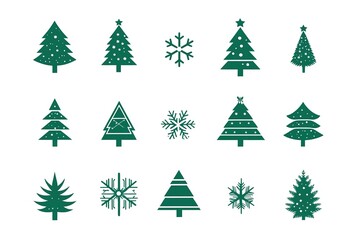 Obraz premium A set of vector icons in dark green, each depicting an illustration of a Christmas tree. The design is simple and minimalistic with clean lines on a white background