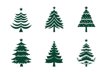 A set of vector icons in dark green, each depicting an illustration of a Christmas tree. The design is simple and minimalistic with clean lines on a white background