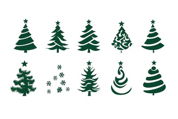 Obraz premium A set of vector icons in dark green, each depicting an illustration of a Christmas tree. The design is simple and minimalistic with clean lines on a white background