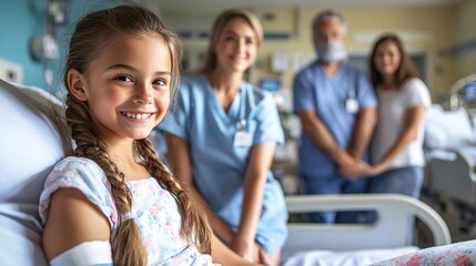 Fototapeta premium Girl with a leg cast sitting on a hospital bed with her parents standing nearby Stock Photo with side copy space