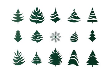 Obraz premium A set of vector icons in dark green, each depicting an illustration of a Christmas tree. The design is simple and minimalistic with clean lines on a white background