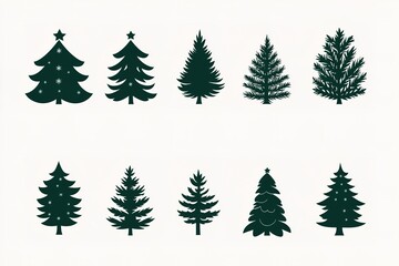 A set of vector icons in dark green, each depicting an illustration of a Christmas tree. The design is simple and minimalistic with clean lines on a white background