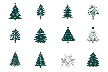 Obraz premium A set of vector icons in dark green, each depicting an illustration of a Christmas tree. The design is simple and minimalistic with clean lines on a white background