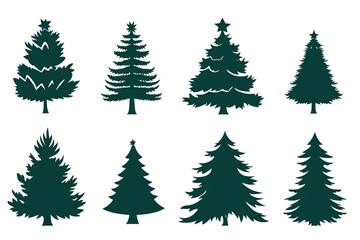 Obraz premium A set of vector icons in dark green, each depicting an illustration of a Christmas tree. The design is simple and minimalistic with clean lines on a white background