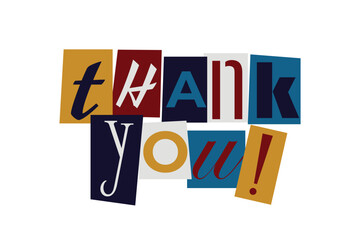 Colorful Thank You text with colorful square shapes and various letters on white background. Vector Illustration.